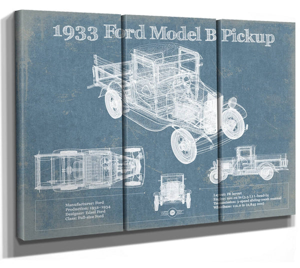 36" x 24" / 3 Panel Canvas Wrap Cutler West 1933 Ford Model B Pickup Vintage Blueprint Auto Print