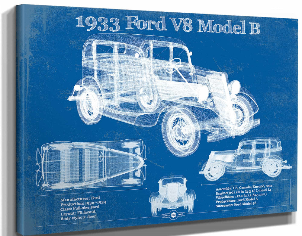 14" x 11" / Stretched Canvas Wrap Cutler West 1933 Ford V8 Model B Vintage Blueprint Auto Print