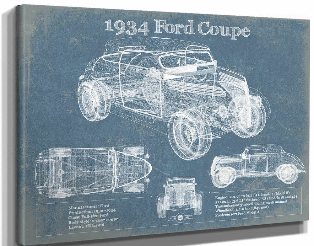 14" x 11" / Stretched Canvas Wrap Cutler West 1934 Ford Coupe Vintage Blueprint Auto Print
