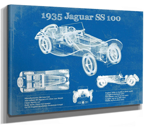 14" x 11" / Stretched Canvas Wrap Cutler West 1935 Jaguar SS 100 Blueprint Vintage Auto Print