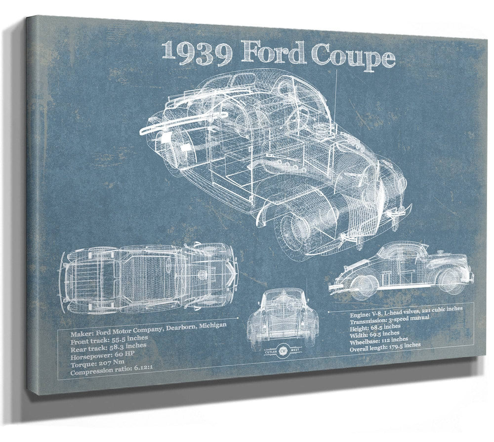 14" x 11" / Stretched Canvas Wrap Cutler West 1939 Ford Coupe Vintage Blueprint Auto Print