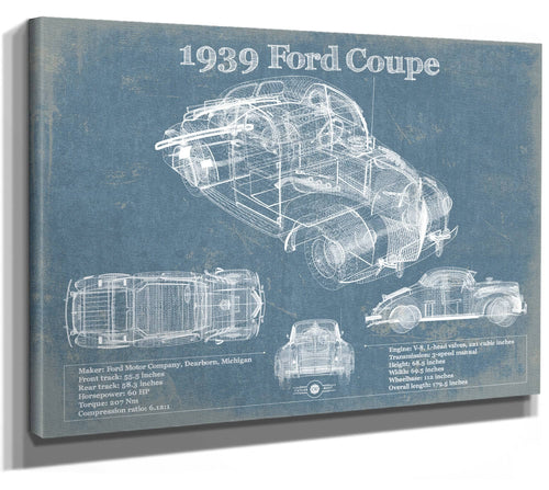 14" x 11" / Stretched Canvas Wrap Cutler West 1939 Ford Coupe Vintage Blueprint Auto Print