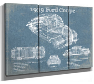 36" x 24" / 3 Panel Canvas Wrap Cutler West 1939 Ford Coupe Vintage Blueprint Auto Print