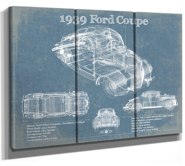 36" x 24" / 3 Panel Canvas Wrap Cutler West 1939 Ford Coupe Vintage Blueprint Auto Print