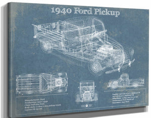 14" x 11" / Stretched Canvas Wrap Cutler West 1940 Ford Pickup Vintage Blueprint Auto Print