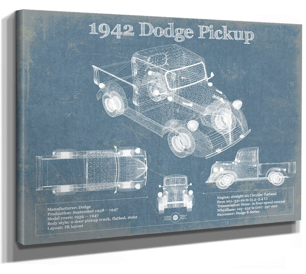 14" x 11" / Stretched Canvas Wrap Cutler West 1942 Dodge Pickup Vintage Blueprint Auto Print
