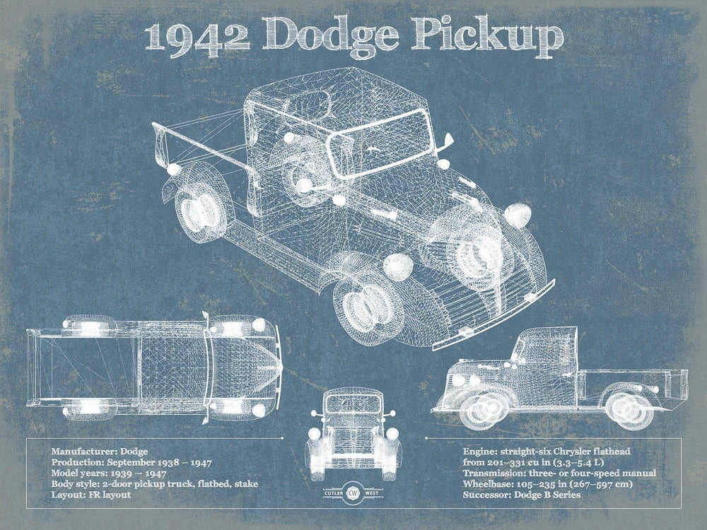 14" x 11" / Stretched Canvas Wrap Cutler West 1942 Dodge Pickup Vintage Blueprint Auto Print