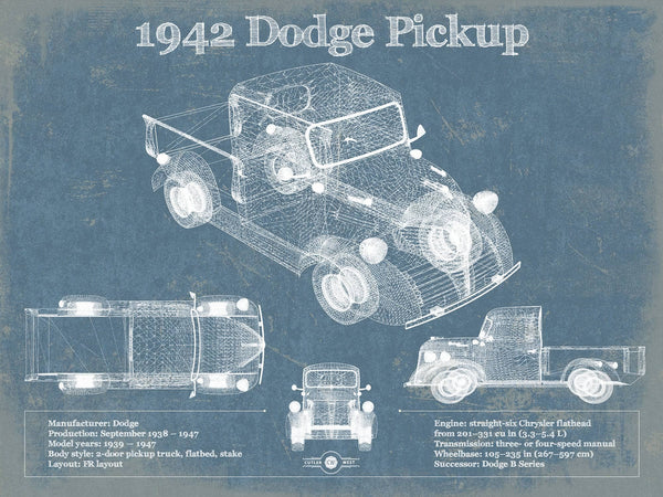 14" x 11" / Unframed Cutler West 1942 Dodge Pickup Vintage Blueprint Auto Print