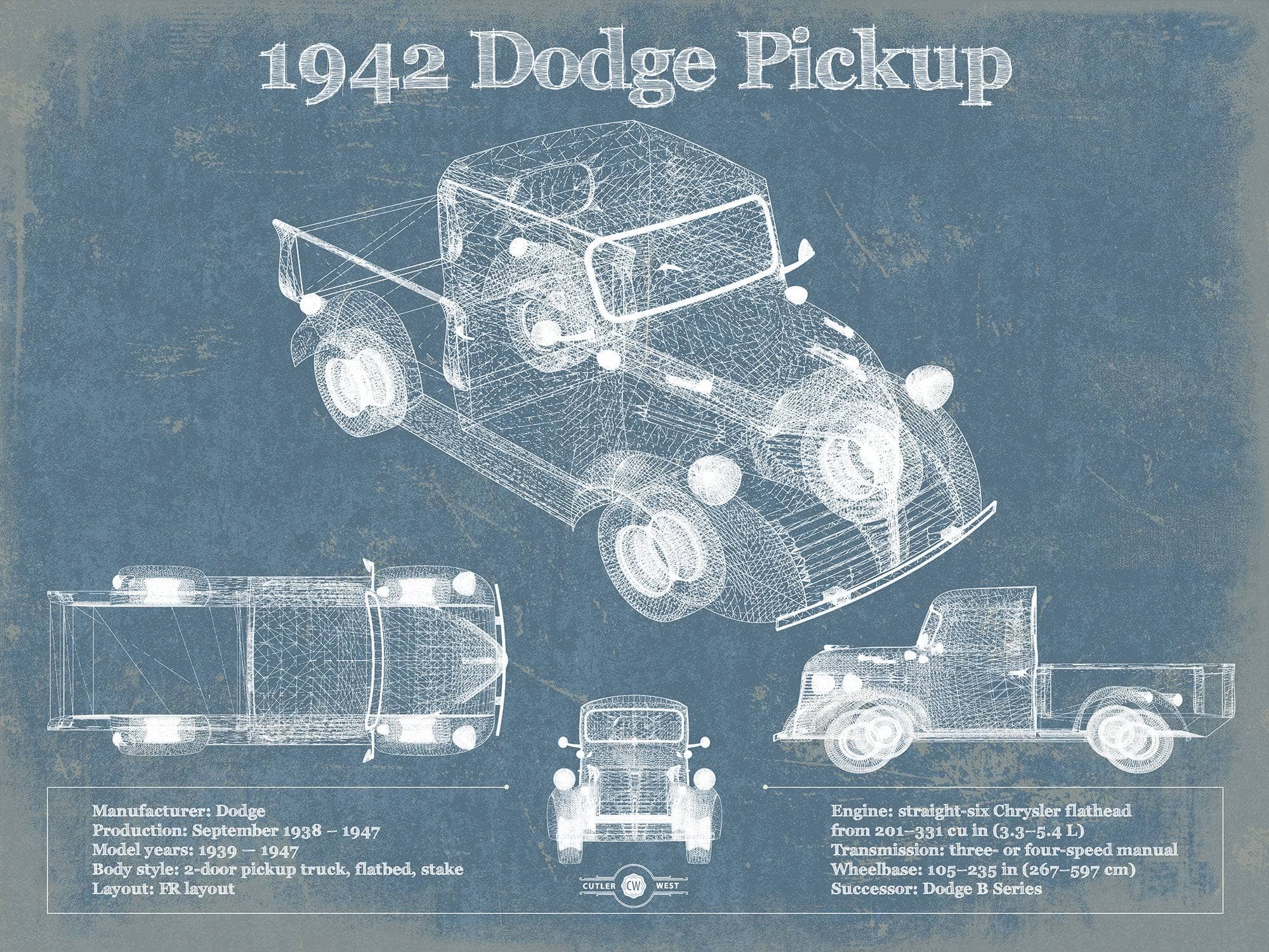 1942 Dodge Pickup Vintage Blueprint Auto Print