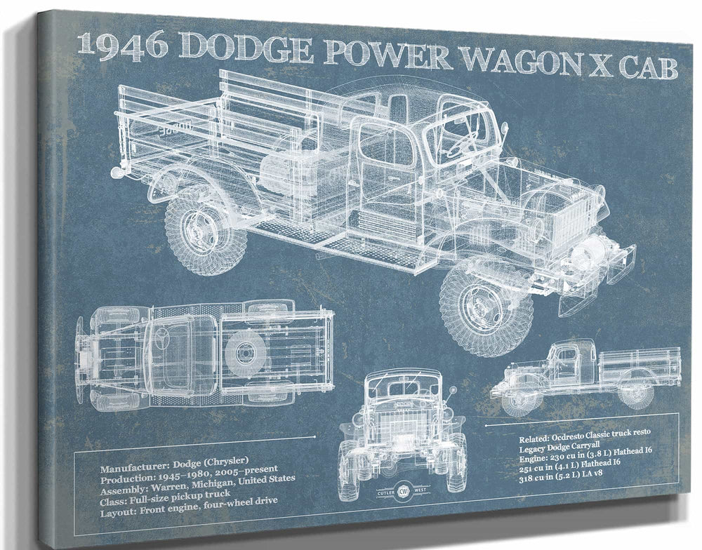 14" x 11" / Stretched Canvas Wrap Cutler West 1946 Dodge Power Wagon X Cab Vintage Blueprint Auto Print