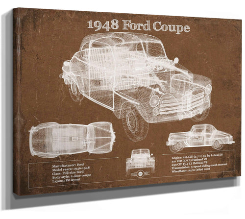 14" x 11" / Stretched Canvas Wrap Cutler West 1948 Ford Coupe Vintage Blueprint Auto Print