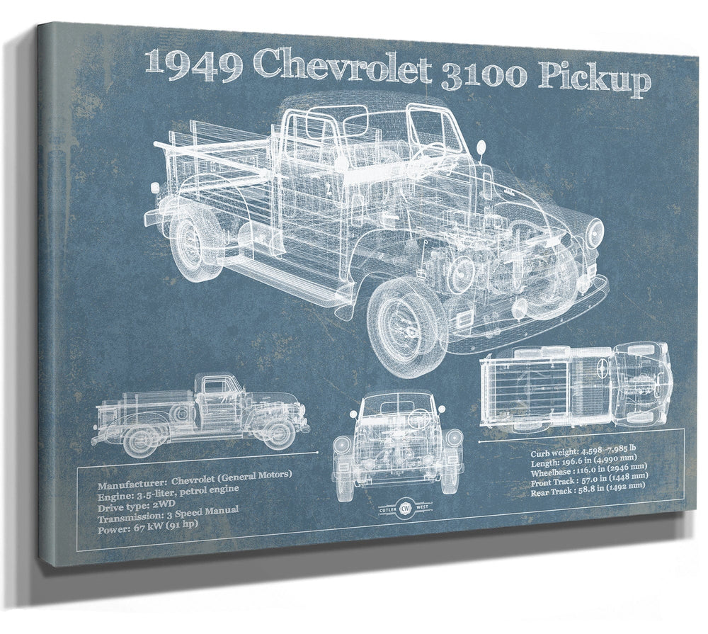 14" x 11" / Stretched Canvas Wrap Cutler West 1949 Chevy 3100 Pickup - Blueprint Vintage Auto Print