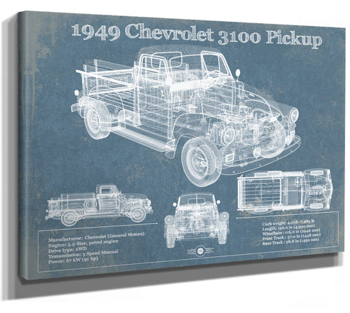 14" x 11" / Stretched Canvas Wrap Cutler West 1949 Chevy 3100 Pickup - Blueprint Vintage Auto Print
