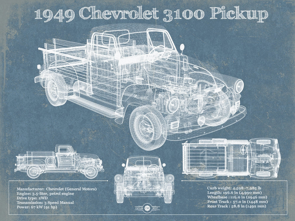 14" x 11" / Stretched Canvas Wrap Cutler West 1949 Chevy 3100 Pickup - Blueprint Vintage Auto Print