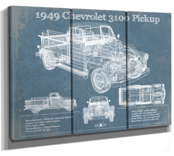 36" x 24" / 3 Panel Canvas Wrap Cutler West 1949 Chevy 3100 Pickup - Blueprint Vintage Auto Print