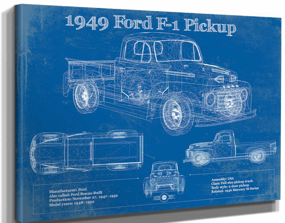 14" x 11" / Stretched Canvas Wrap Cutler West 1949 Ford F-1 Pickup Vintage Blueprint Auto Print