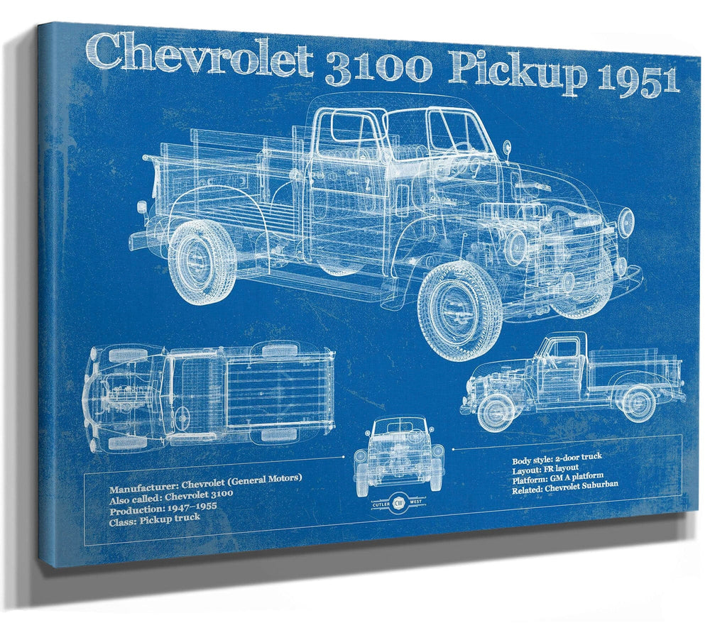 14" x 11" / Stretched Canvas Wrap Cutler West 1951 Chevy 3100 Pickup - Blueprint Vintage Auto Print