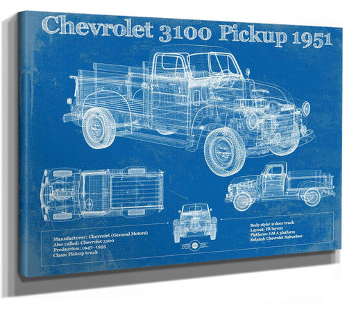 14" x 11" / Stretched Canvas Wrap Cutler West 1951 Chevy 3100 Pickup - Blueprint Vintage Auto Print