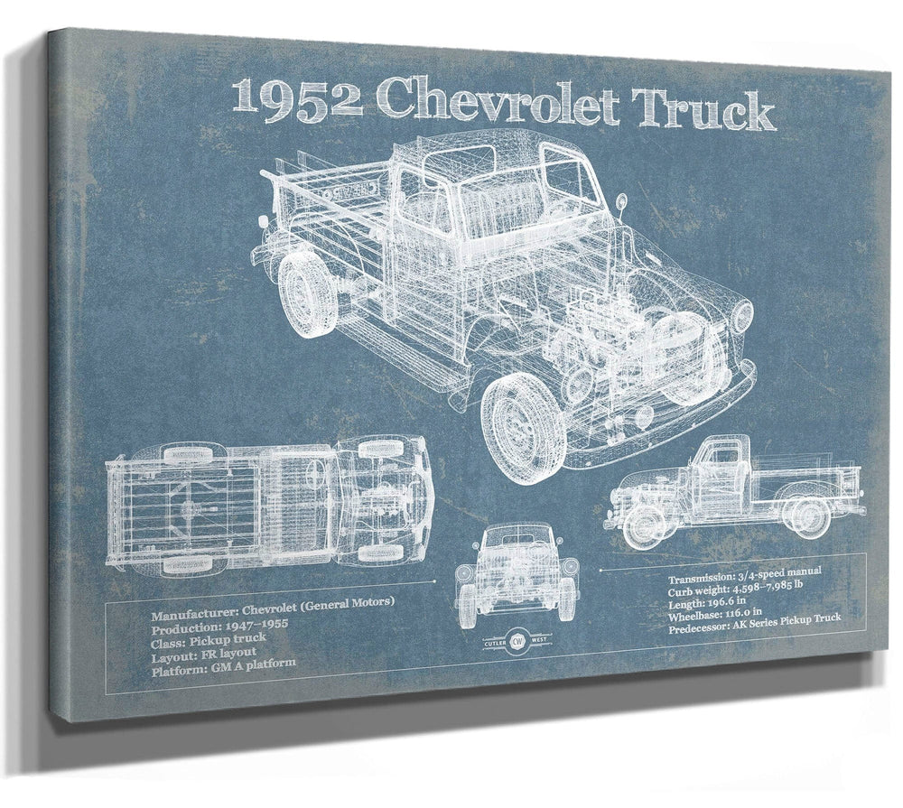 14" x 11" / Stretched Canvas Wrap Cutler West 1952 Chevrolet Truck Blueprint Vintage Auto Print