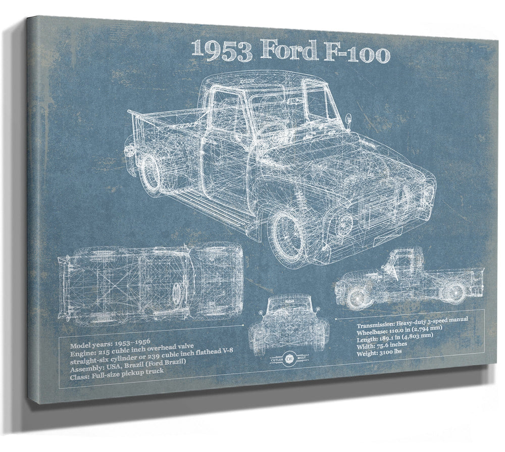 14" x 11" / Stretched Canvas Wrap Cutler West 1953 Ford F-100 Light-duty Pickup Truck Vintage Blueprint Auto Print
