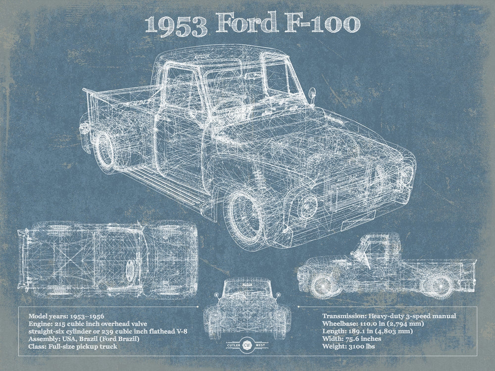 14" x 11" / Stretched Canvas Wrap Cutler West 1953 Ford F-100 Light-duty Pickup Truck Vintage Blueprint Auto Print