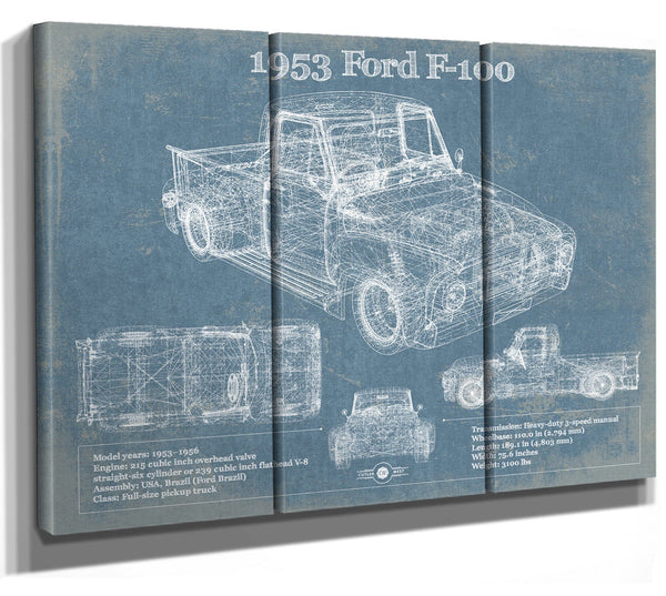 36" x 24" / 3 Panel Canvas Wrap Cutler West 1953 Ford F-100 Light-duty Pickup Truck Vintage Blueprint Auto Print