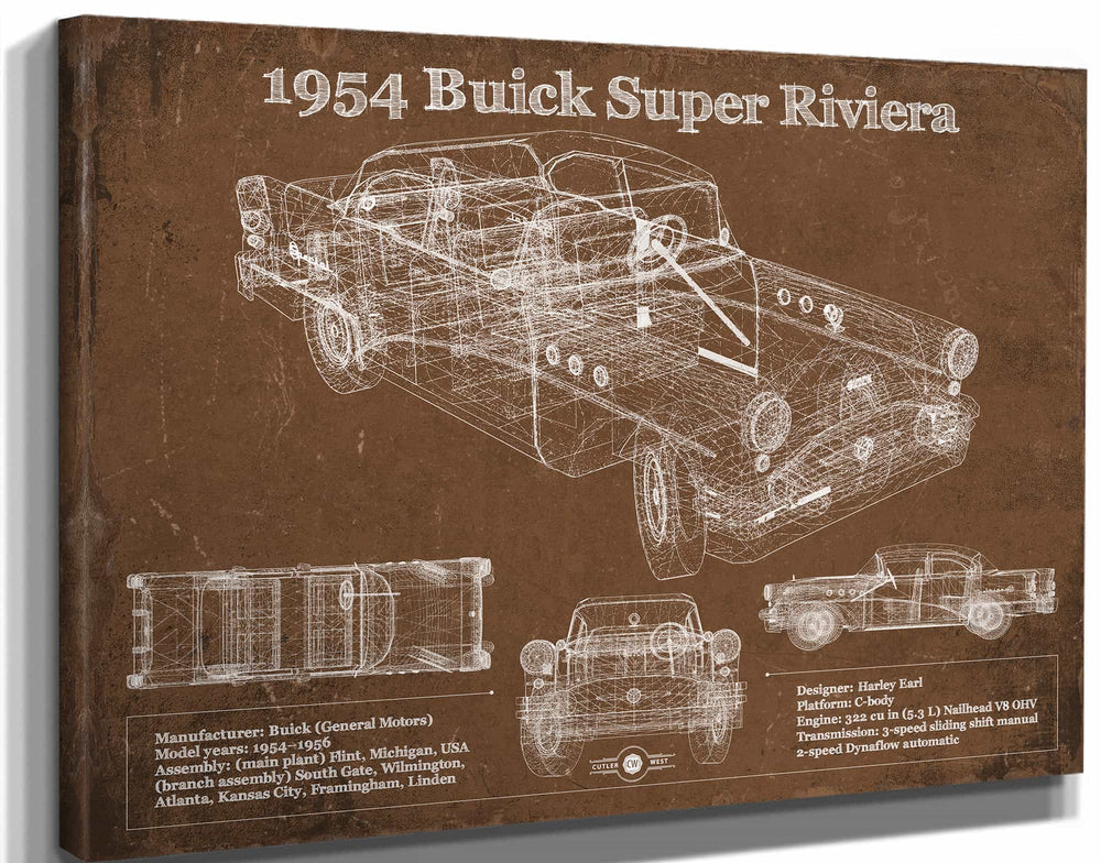 14" x 11" / Stretched Canvas Wrap Cutler West 1954 Buick Super Riviera Vintage Blueprint Auto Print