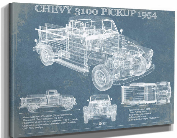 Cutler West 1954 Chevrolet 3100 Pickup Vintage Blueprint Truck Print