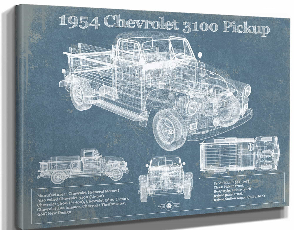 14" x 11" / Stretched Canvas Wrap Cutler West 1954 Chevrolet 3100 Pickup Vintage Blueprint Truck Print
