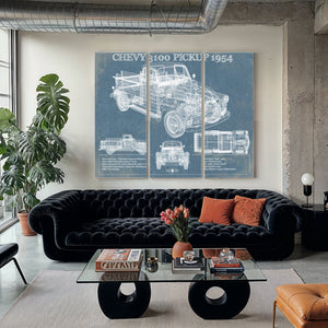 1954 Chevrolet 3100 Blueprint Truck Print as a 3 panel canvas wrap in a modern living room