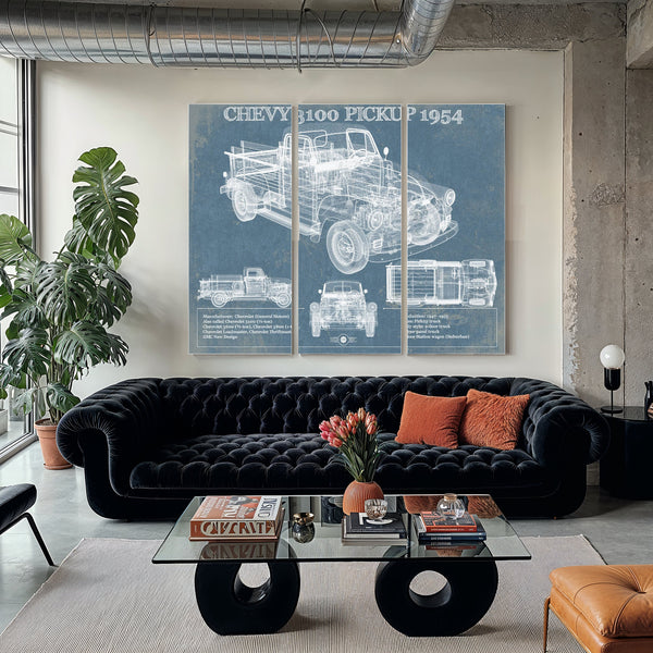 1954 Chevrolet 3100 Blueprint Truck Print as a 3 panel canvas wrap in a modern living room