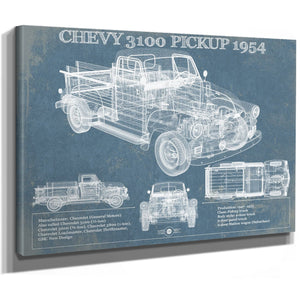 1954 Chevrolet 3100 Blueprint Truck Print as a stretched canvas wrap with gallery wrapped edges
