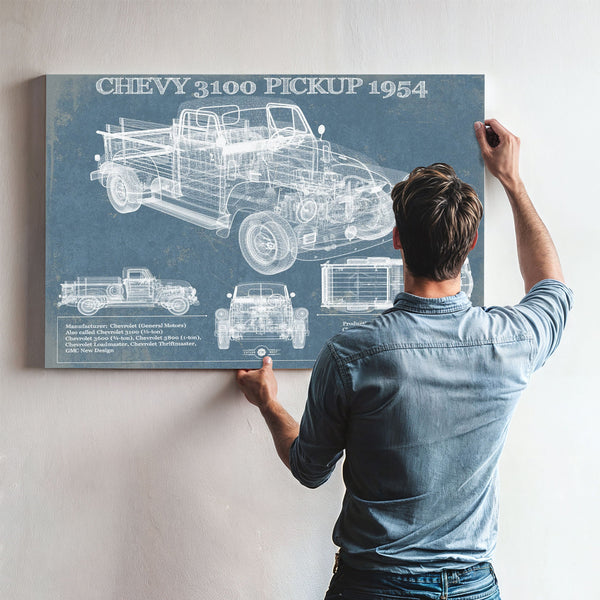1954 Chevrolet 3100 Blueprint Truck Print framed in Vintage Black above a mid-century record console