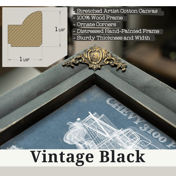 Vintage Black frame corner detail, 1.5 inch ornate wood moulding, 1954 Chevrolet 3100 Blueprint Truck Print