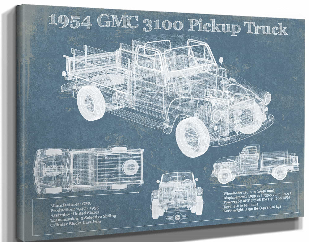 14" x 11" / Stretched Canvas Wrap Cutler West 1954 GMC 3100 Pickup Truck Vintage Blueprint Auto Print
