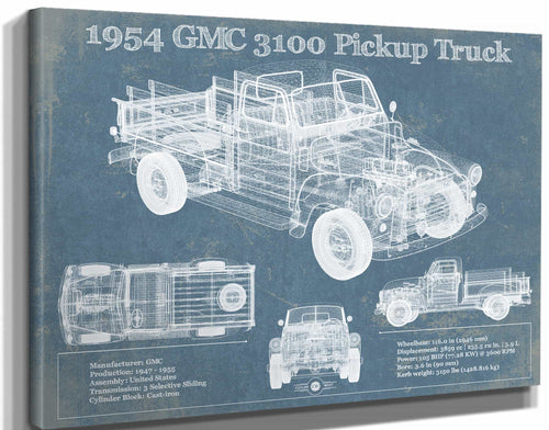 14" x 11" / Stretched Canvas Wrap Cutler West 1954 GMC 3100 Pickup Truck Vintage Blueprint Auto Print