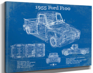 14" x 11" / Stretched Canvas Wrap Cutler West 1955 Ford F100 Vintage Blueprint Auto Print