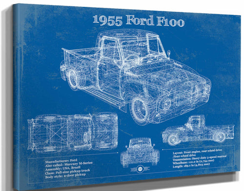 14" x 11" / Stretched Canvas Wrap Cutler West 1955 Ford F100 Vintage Blueprint Auto Print