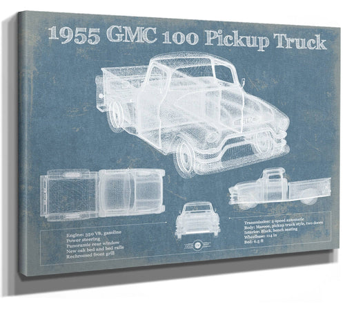 14" x 11" / Stretched Canvas Wrap Cutler West 1955 GMC 100 Pickup Truck Vintage Blueprint Auto Print