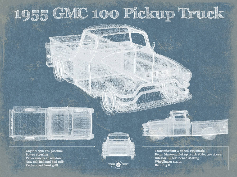 14" x 11" / Stretched Canvas Wrap Cutler West 1955 GMC 100 Pickup Truck Vintage Blueprint Auto Print