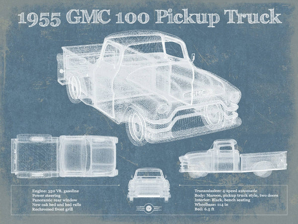 14" x 11" / Unframed Cutler West 1955 GMC 100 Pickup Truck Vintage Blueprint Auto Print