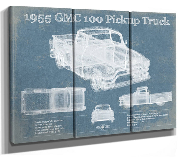 36" x 24" / 3 Panel Canvas Wrap Cutler West 1955 GMC 100 Pickup Truck Vintage Blueprint Auto Print