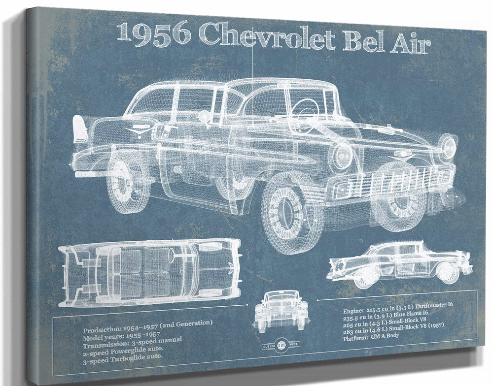 14" x 11" / Stretched Canvas Wrap Cutler West 1956 Chevrolet Bel Air Blueprint Vintage Auto Print