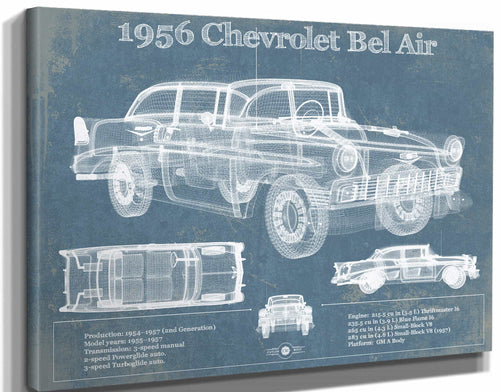 14" x 11" / Stretched Canvas Wrap Cutler West 1956 Chevrolet Bel Air Blueprint Vintage Auto Print