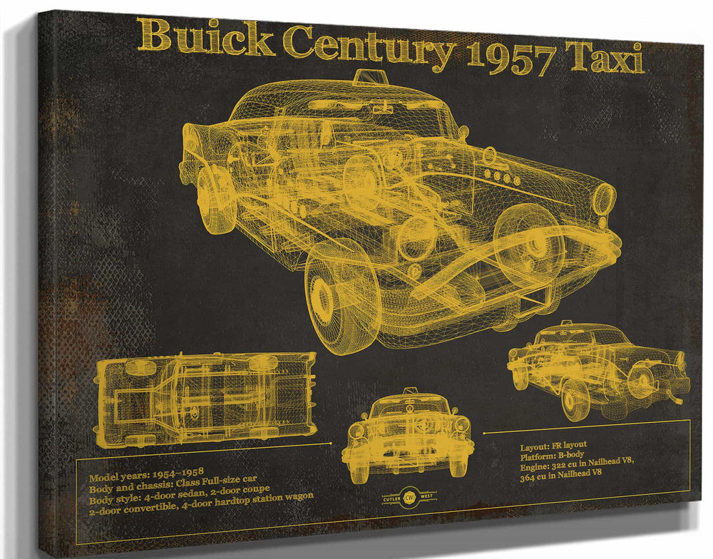14" x 11" / Stretched Canvas Wrap Cutler West 1957 Buick Century Taxi Blueprint Dark Color Vintage Auto Print