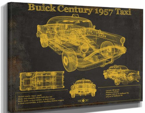14" x 11" / Stretched Canvas Wrap Cutler West 1957 Buick Century Taxi Blueprint Dark Color Vintage Auto Print