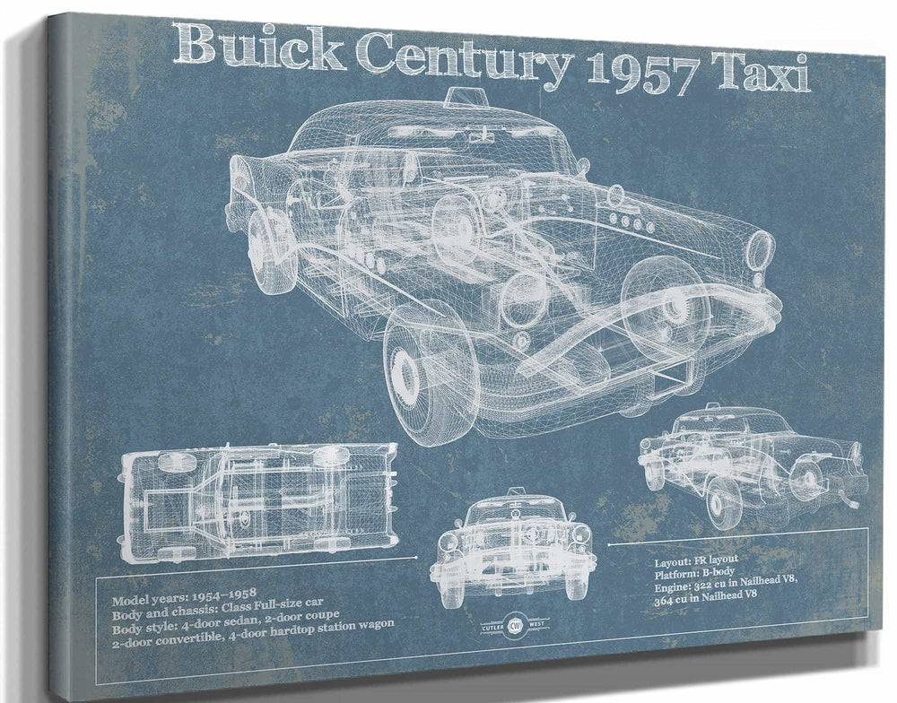 14" x 11" / Stretched Canvas Wrap Cutler West 1957 Buick Century Taxi Blueprint Dark Color Vintage Auto Print