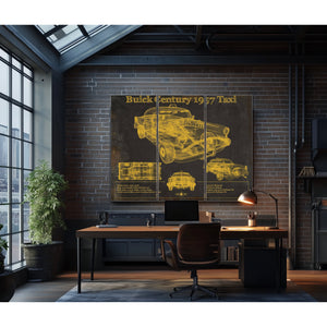 1957 Buick Century Taxi Blueprint Dark Art Print as a 3 panel canvas wrap in an industrial loft office