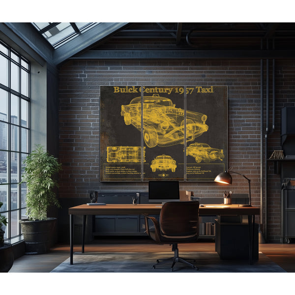 1957 Buick Century Taxi Blueprint Dark Art Print as a 3 panel canvas wrap in an industrial loft office
