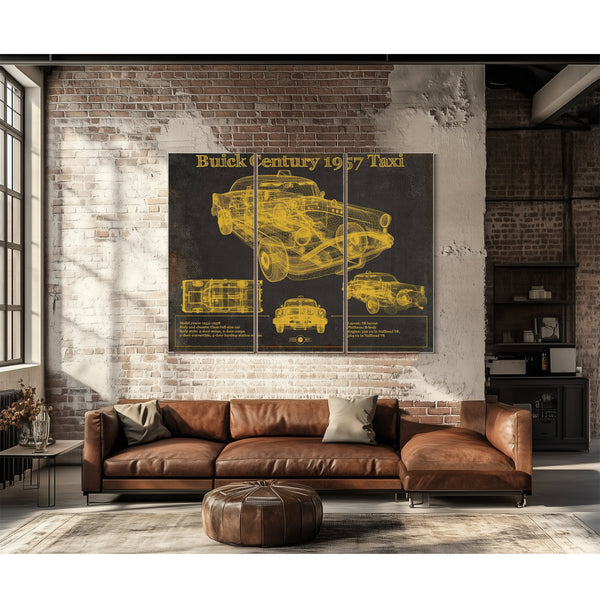 1957 Buick Century Taxi Blueprint Dark Art Print as a 3 panel canvas wrap above a leather sofa